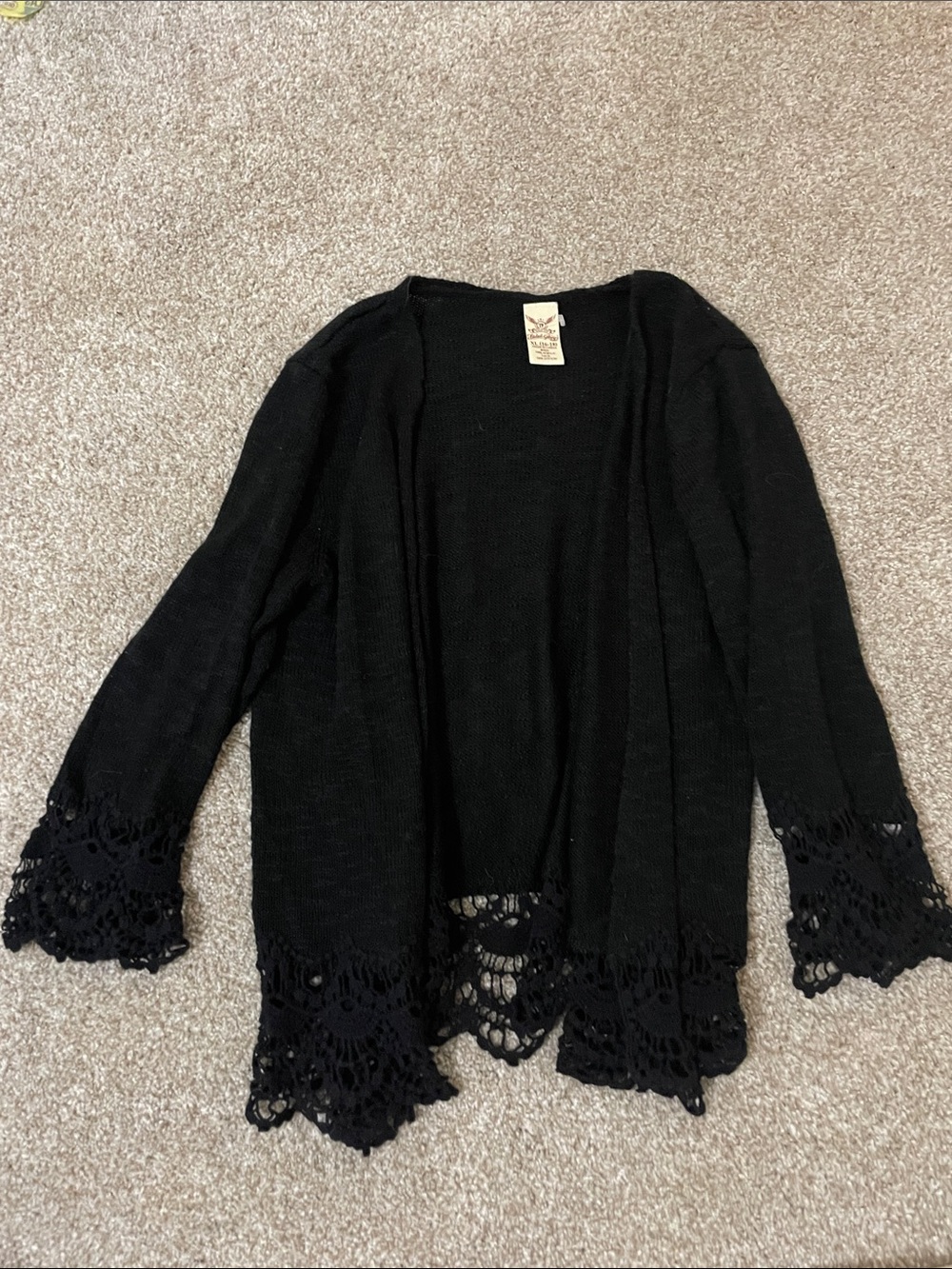 Faded Glory Black Open-Front Cardigan with Crochet Trim